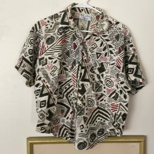 Try One vintage cropped button down shirt sleeve funky pattern white olive red